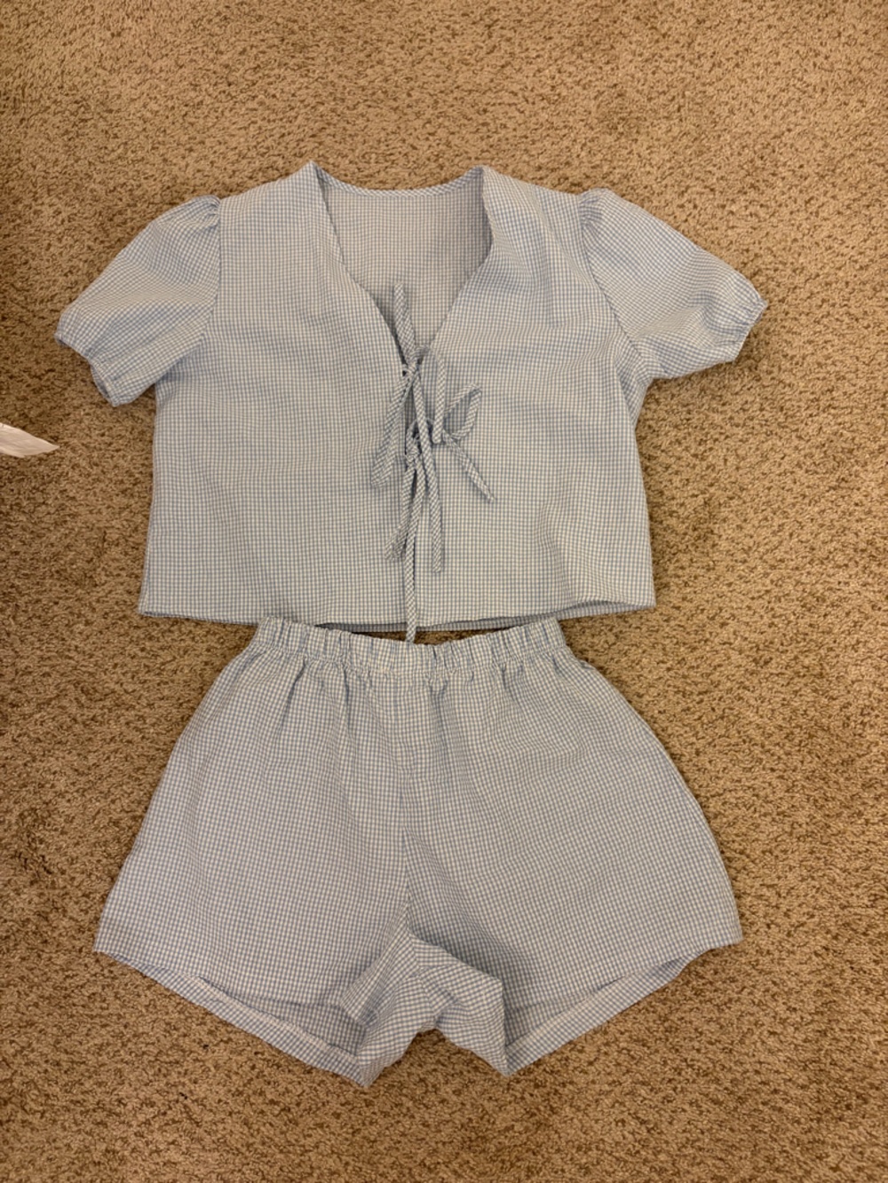 Light Blue Gingham Two-Piece Top and Skirt Set